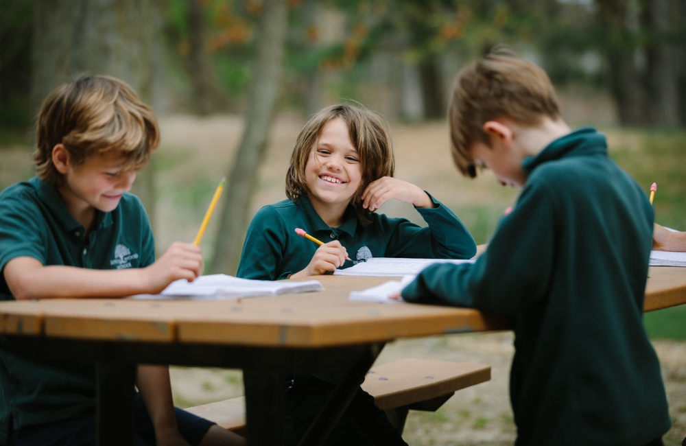 3 boys smiling working at a picnic table